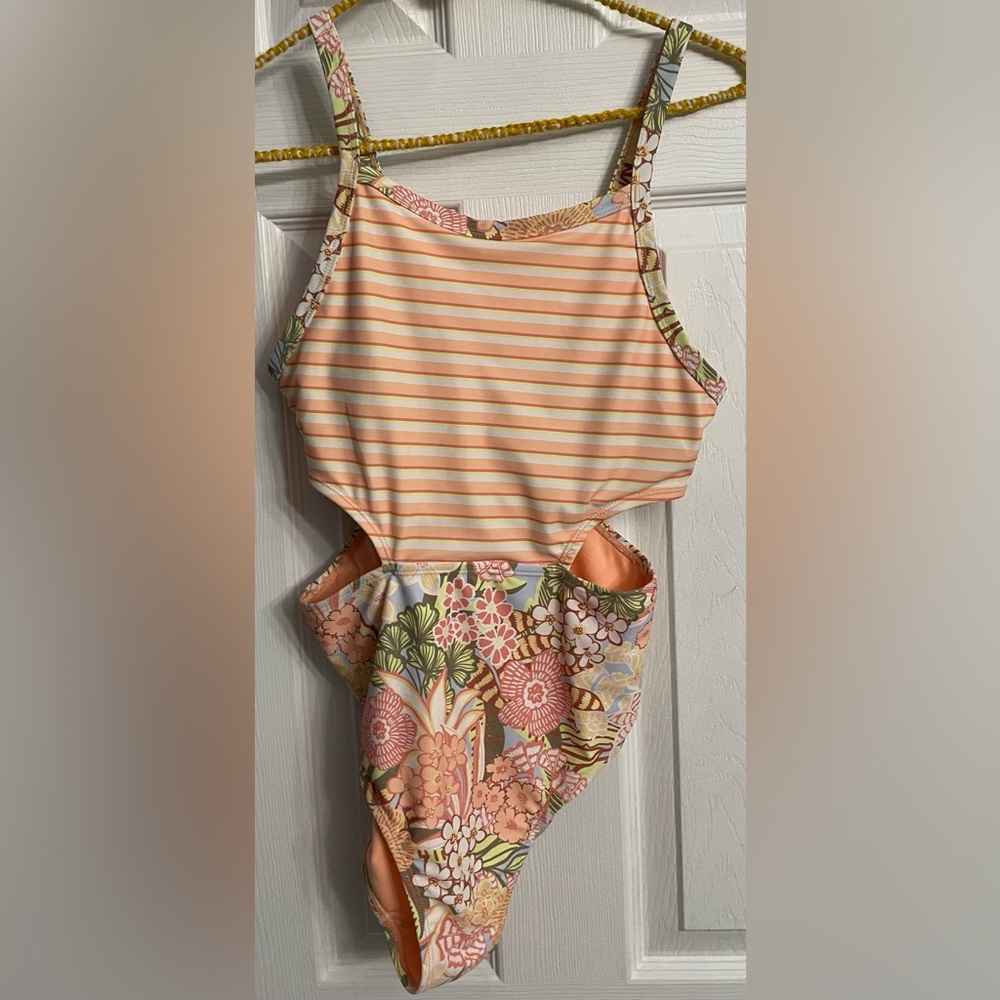 Roxy Striped and Floral One Piece in Orange and Cream Girls Size 16